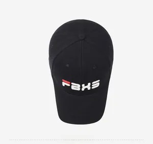 Top-down view of black cotton baseball cap with embroidered white and red FBXS logo