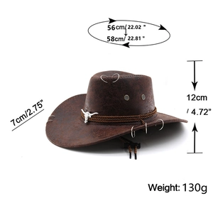 Brown leather cowboy hat with size chart showing dimensions and silver bull emblem