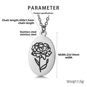 Detailed specs of the oval stainless steel floral pendant necklace with dimensions