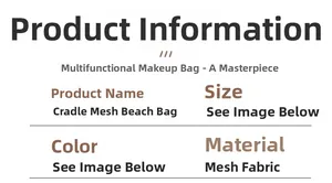 Detailed material specification of mesh beach bag showing mesh fabric construction