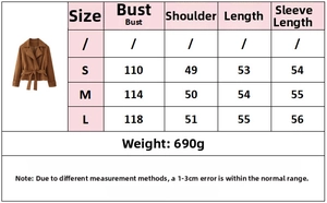 Detailed size chart for faux suede lapel jacket including bust, shoulder, and length specs