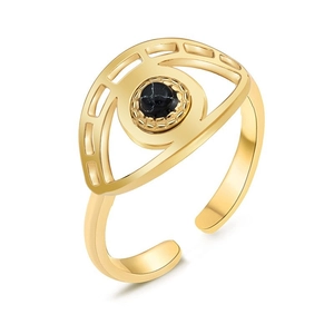 Golden Evil Eye stainless steel open ring with a round black stone on white background