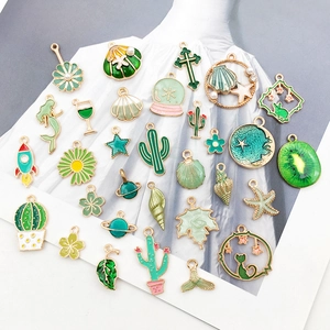 Enamel Zinc Alloy Charms Green Nature Theme Sea Shell Cactus Planet For DIY Jewelry Bracelet Necklace Making