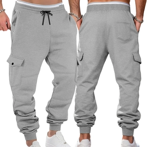 Front and back view of men's grey fleece cargo joggers with side flap pockets