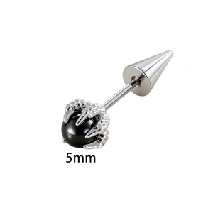 Gothic 5mm black bead dragon claw ear stud piercing with silver conical back fastener