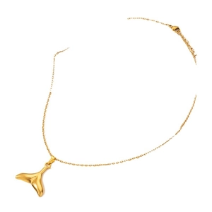 Polished golden stainless steel whale tail pendant necklace with delicate chain links