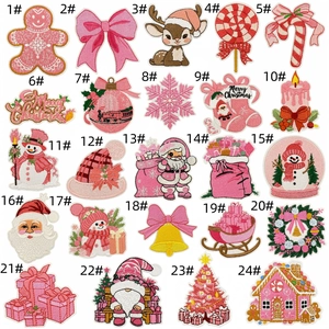 Set of 24 pink and white Christmas embroidery patches with festive cartoon designs