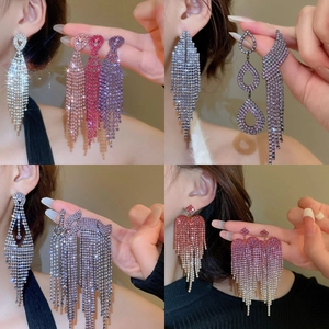 Copper Rhinestone Heart Shaped Dangle Earrings With 925 Sterling Silver Earring Post Gradient Tassel Fashion Women