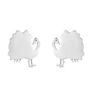 Macro shot of silver peacock-shaped stainless steel stud earrings for women