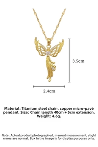 Detail of gold angel wing pendant with pavé zircons and stainless steel chain dimensions