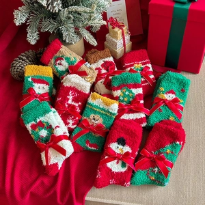 Christmas Socks Women Coral Fleece Thick Warm Winter Home Floor Mid Tube Festive Cartoon Santa Snowman Gifts