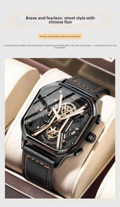 Detailed macro view of square men's watch with black case and rose gold hands in box