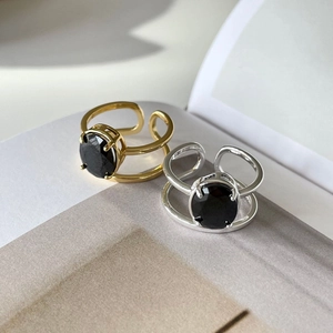 Minimalist S925 sterling silver double layer rings with black zircon in gold and silver