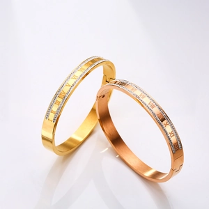 Close-up of gold and rose gold titanium bracelets with Roman numerals and zircons