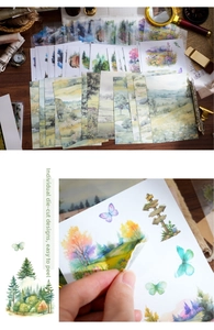Macro detail of pre-cut watercolor landscape stickers with easy-peel functional design