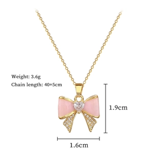 Detail view of pink bow necklace with crystal stones, length 40+5cm and weight 3.6g