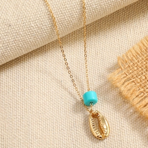 Bohemian Gold Plated Seashell Pendant Necklace Alloy Shell With Sky Blue Bead Beach Summer Vacation Jewelry For Women