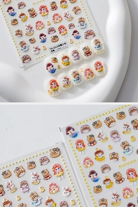 Detailed 5D embossed nail art stickers featuring summer girl and cute animal characters