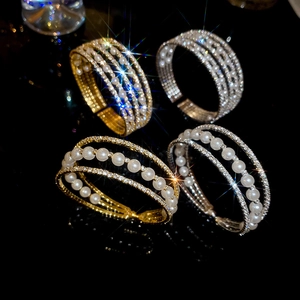 French style multi-layer pearl and diamond open cuff bracelet with luxury gold and silver finish