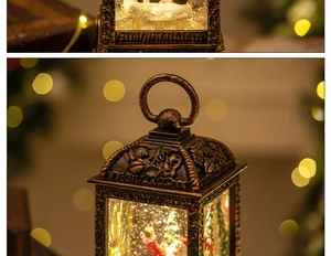 Detailed view of vintage bronze Christmas lantern with Santa Claus and sparkling snow scene