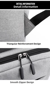 Detail view of reinforced shoulder straps and smooth double zippers on a grey backpack