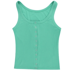 Detail view of mint green ribbed fabric texture and button placket on the tank top