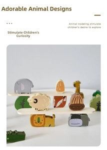 Detail of colorful wooden animal balancing blocks stacked in a stable pyramid structure