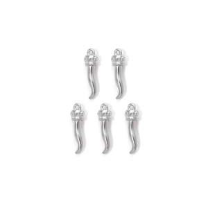 Five silver stainless steel cornicello horn pendants with crown tops on a white background
