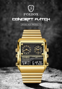 Detailed macro shot of a gold dual-display sports watch with digital and analog features