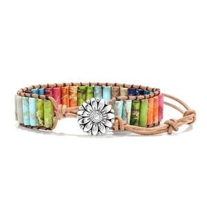 Bracciale Avvolgente Bohémien Fatto A Mano Pietra Naturale Diaspro Imperiale Cordino Pelle Intrecciato Gioielli Donna