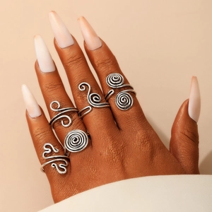 Vintage Copper Rings For Women Geometric Spiral Hollow Antique Silver Color Bohemian Ethnic Style Adjustable