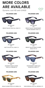 Polarized sports sunglasses displayed in eight color variants with UV400 lens options