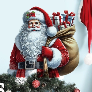 Close-up of Santa Claus wall sticker with gift bag and festive green wreath detail