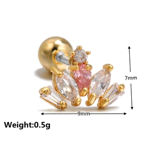 Detail of gold crown ear stud with pink stones and threaded ball back closure