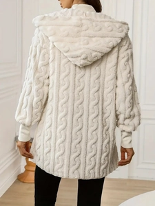 Back view of elegant cream cable knit hooded cardigan with long sleeves and ribbed cuffs