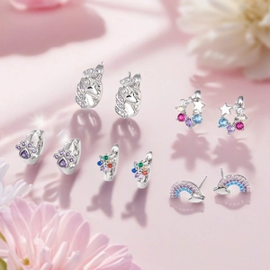 925 Sterling Silver Colorful Zirconia Hoop Earrings Cute Unicorn Rainbow Star Cat Paw Flower Earrings Jewelry For Children Women