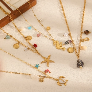 Ocean Theme Stainless Steel Necklace For Women With Sea Turtle Starfish Shell Charms And Faux Artificial Pearl Summer Beach Jewelry