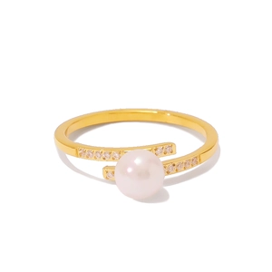 Minimalist gold plated stainless steel geometric ring with white pearl accent
