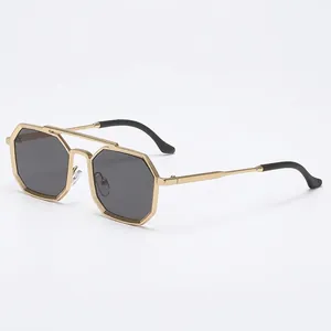 Steampunk gold octagonal metal sunglasses with double bridge and dark grey lenses