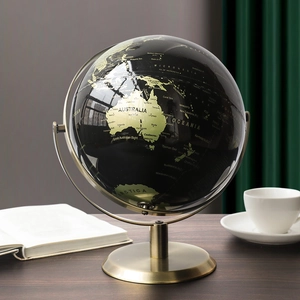 Globe terrestre décoratif noir et doré avec support en métal pour bureau moderne