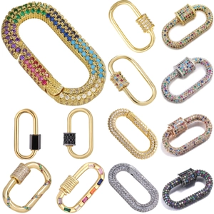 Assorted oval screw carabiner clasps with rainbow zircon stones in gold and silver finish