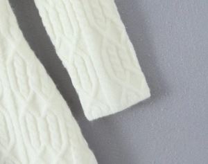 Detailed close-up of white cable-knit sweater fabric showing soft texture and ribbed cuffs