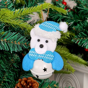 Christmas bear plush pendant with blue sequin bow and white metal bell ornament