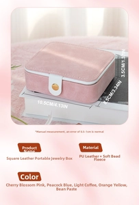 Pink PU leather jewelry box with button closure and bead velvet interior showing dimensions