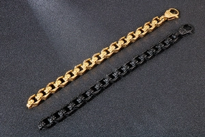 Detailed close-up of industrial style skull link bracelets in gold and black finishes