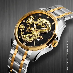 Men's business watch with golden dragon relief, stainless steel strap and diamond indices