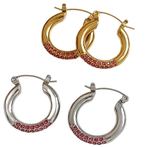 Elegant gold and silver C-shaped open hoop earrings with pink pave rhinestones