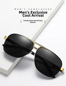 Macro detail of men's photochromic polarized sunglasses with gold metal frame