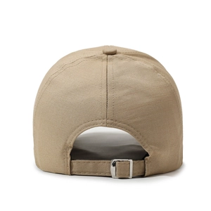 Rear view of khaki baseball cap featuring adjustable metal buckle and woven texture