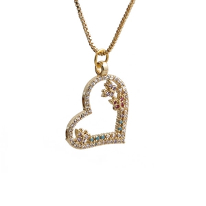 Elegant gold-tone box chain necklace with a colorful crystal heart pendant on white background